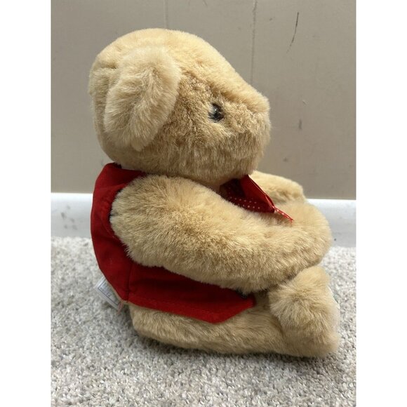 Vintage Vermont Teddy Bear Jointed with Red Vest and Bow 1987 - Picture 11 of 12